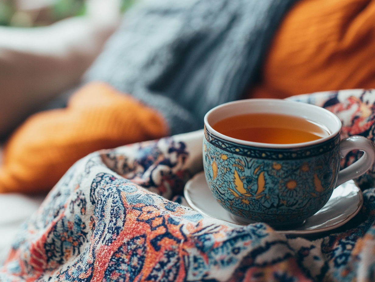 A meditative scene with a cup of  Yogi Tea in a peaceful environment.